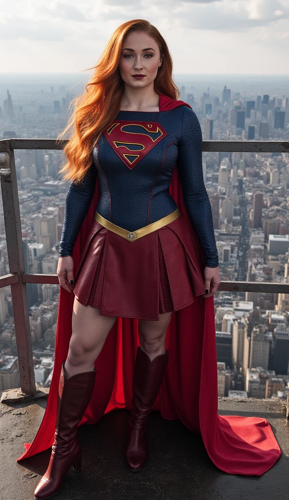 Sophie Turner dressed as Supergirl, red-haired,  big boobs, standing in a sexy pose , on a roof of a building overlooking the city, smiling at the camera