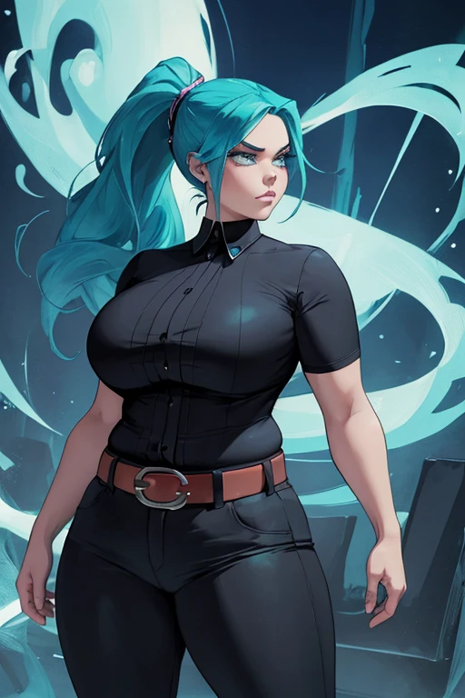 ((masterpiece,best quality)), absurdres,
Ember_McLain_Danny_Phantom(big fat body), pony tail, aqua hair,(clothes that fit your big, fat body size).
smug, goth, big belt,
blue fire and music notes in background, cinematic composition, contrapposto