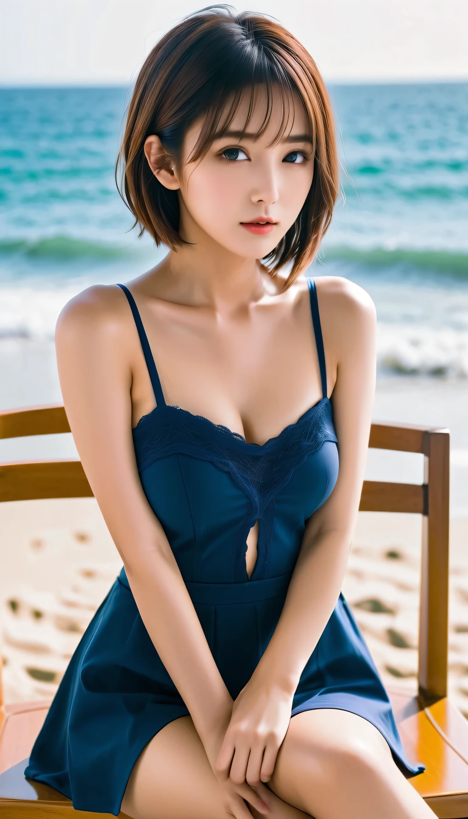    tell me about 1 beautiful girl、Expectations、Knees explained   (reality: 1.4),    Japanese Beauty  、   very beautiful in a chair   、thin、(   upper body)、(   surreal )、(   high resolution)、(8k)、(   very detailed)、(   beautiful eyes )、(   very detailed)、   big eyes、 (  brown eyes)、   has long eyelashes、   detailed face   、( embarrassed face:0.8), (:0.9)、Gloss Lip,   Bright Lights on New York Streets 、      professional lighting      、   staring at the camera 、   serious expression、  Looking Ahead  、   shorthair 、  brown hair、Sea view、  Nogizaka Idol、actress、20 years old、   small breasts、   wet skin、baby face、    Moist Realistic Skin Texture Seated on a Chair  、  Damp Belt   、Natural Shadows、 (   clevis on the stone   :1.0),(  BLUE MICRO BIKINI)