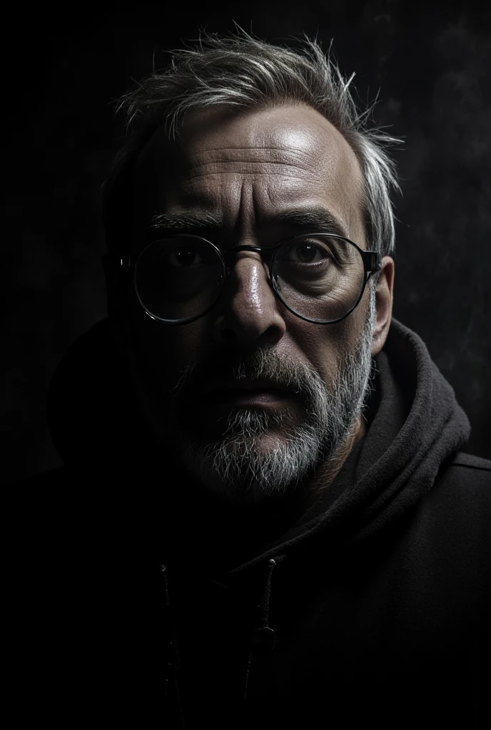 (best quality, 128k,highres,masterpiece:1.2),ultra-detailed,(realistic,photorealistic,photo-realistic:1.37), ((masterpiece)) ((photography)) ((Highest quality)) Portrait of a 40-year-old bearded man with glasses, inspired by the style of Luis Royo. His expression is intense and thoughtful, with intricate details highlighting the texture of his beard and the reflective surfaces of his glasses. The background is moody and atmospheric, blending dark tones and soft light to create a mysterious and captivating aura, typical of Luis Royo's art.