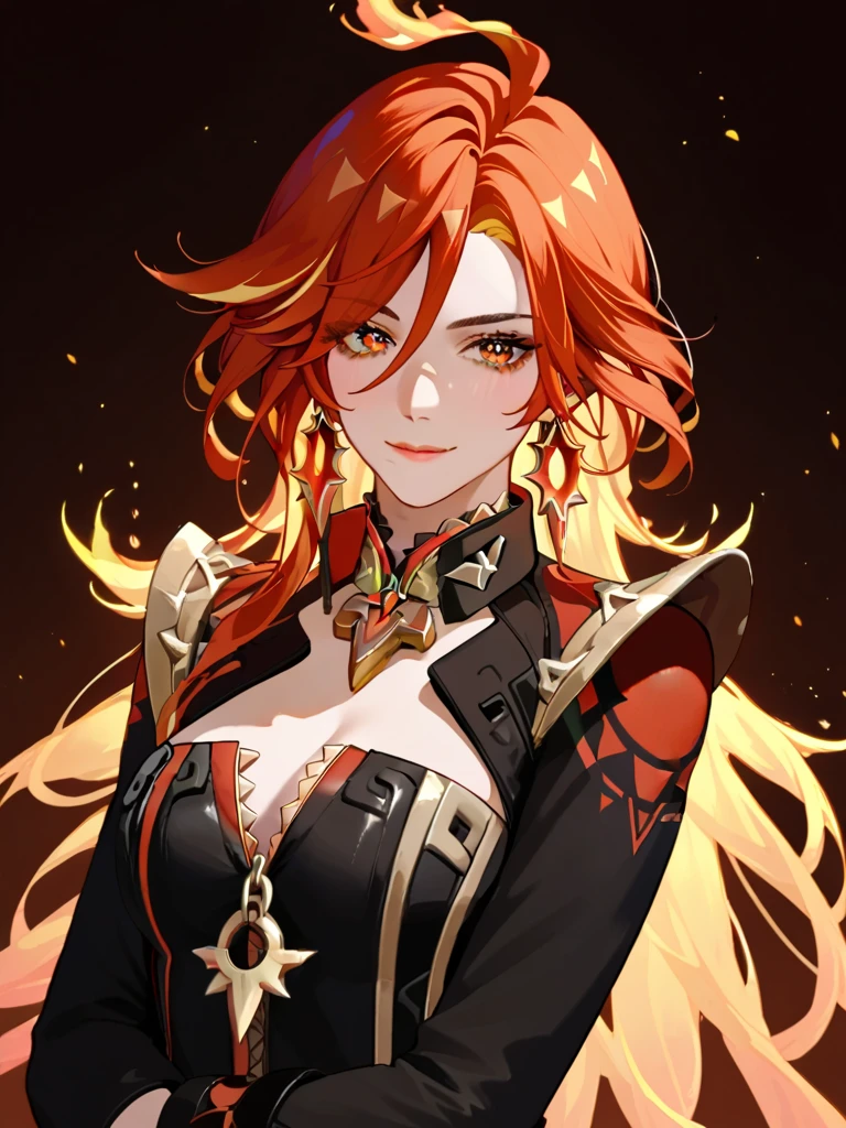 score_9,score_8_up,score_7_up, 1girl, solo, (black suit), (cleavage), light smile, collarbone, collared suit, comic, detached collar, fiery hair, fire, hair between eyes, hair up, (long hair), long sleeves, looking at viewer, looking to the side, mavuika (genshin impact), orange eyes, orange hair, partially unzipped, shoulder pads, simple background, swept bangs