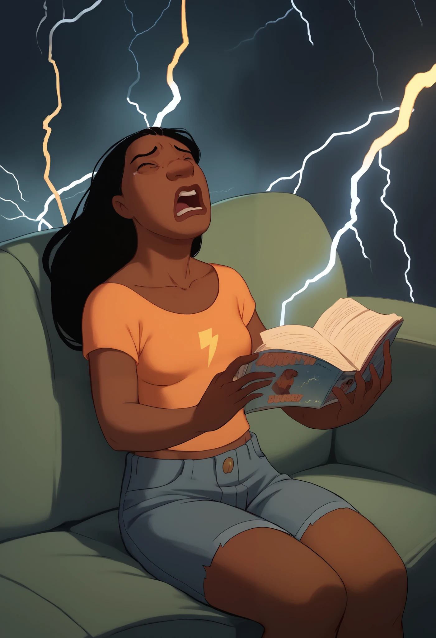NaniPelekaiLSXL, solo1, mature female, dark skin, black hair, long hair, bangs, ((small breasts)), collarbone, denim shorts, orange tshirt, crop top, short sleves, sitting, couch, reading a magazine, book, green couch, ((lightning to her head)), yellow lightning, looking up, opened mouth, closed eyes, ((pain expression))