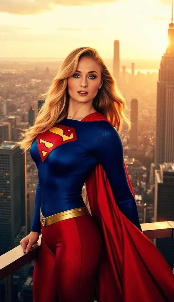 Sophie Turner dressed as Supergirl, smiling,  big boobs, standing in a sexy pose , on a roof of a building overlooking the city