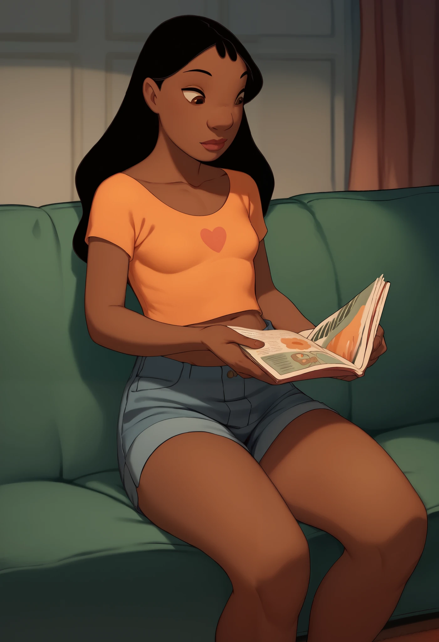 NaniPelekaiLSXL, solo1, mature female, dark skin, brown eyes, black hair, long hair, bangs, ((small breasts)), collarbone, denim shorts, orange tshirt, crop top, short sleves, sitting, couch, reading a magazine, green couch, neutral expression, blank expression, ((emotionless))