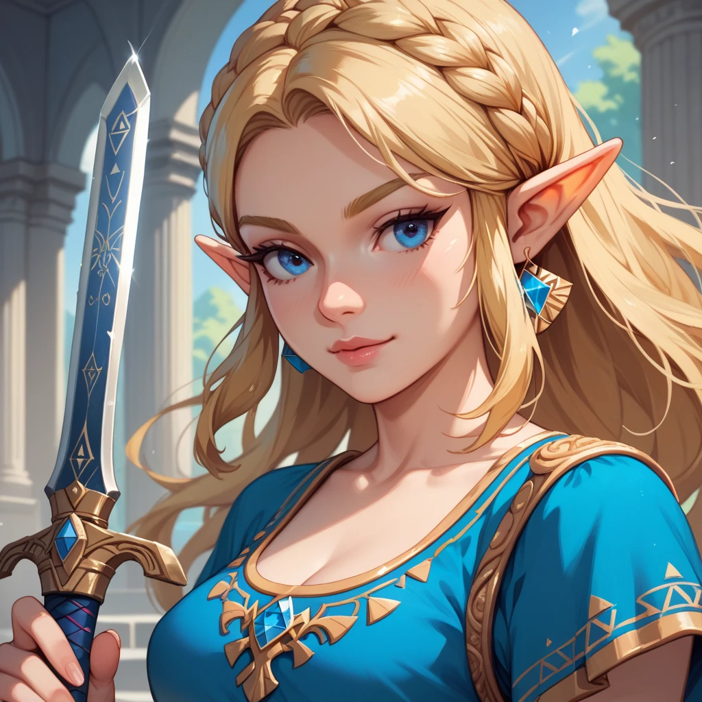 Zelda, blonde hair, blue eyes, masterpiece, high quality, sword