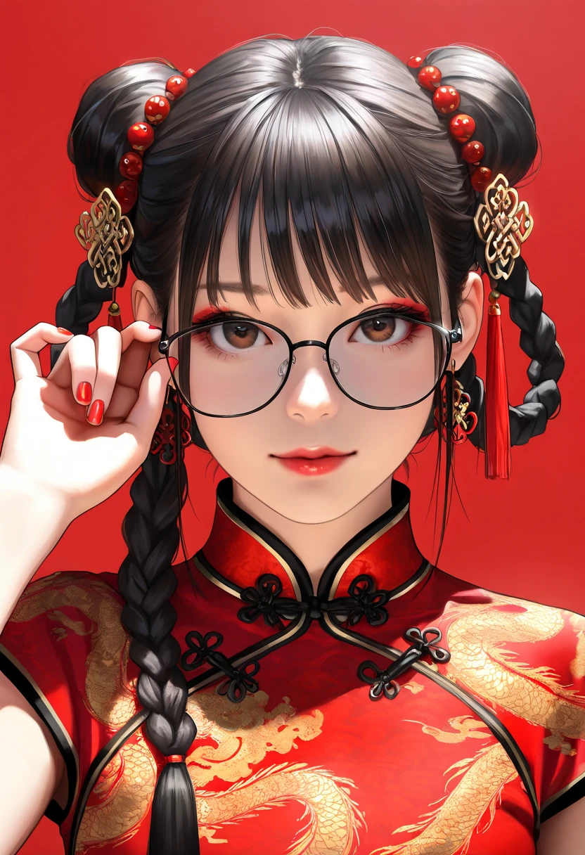 (best quality,4k,8k,highres,masterpiece:1.2),ultra-detailed,(realistic,photorealistic,photo-realistic:1.37),a beautiful black-haired girl in Chinese clothing,red background,looking at viewer,traditional Chinese dress,red qipao,Chinese style,modern Chinese fashion,red nail polish,brown eyes,beautiful detailed eyes,beautiful detailed lips,makeup,red lipstick,adjusting sunglasses,double buns,hairstyle,hair accessories,red dress,red and pink nails,simple background,2025 New Year,neon colors,studio lighting,portrait,New Year's outfit,Chinese New Year,traditional and modern fusion,highly detailed face,extremely detailed eyes and face,long eyelashes,physically-based rendering,sharp focus,vivid colors,bokeh, HDR,UHD,extreme detail description,professional,concept art,modern Chinese aesthetic,high fashion,contemporary style,Chinese cultural elements,red and gold tones,Chinese New Year 2025,Chinese traditional patterns,modern twist,Chinese elegance,stylish,graceful,high resolution,highly detailed,realism,photography,high contrast,clear details