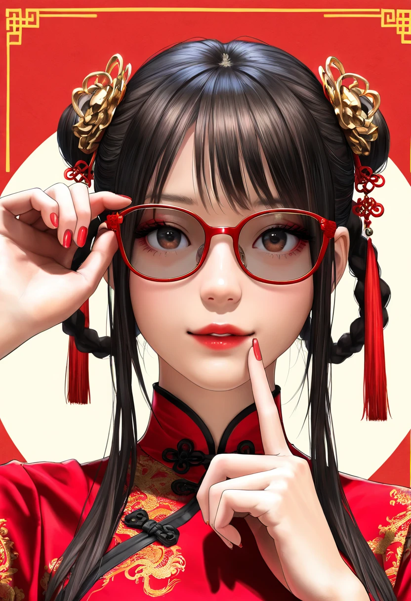 (best quality,4k,8k,highres,masterpiece:1.2),ultra-detailed,(realistic,photorealistic,photo-realistic:1.37),a beautiful black-haired girl in Chinese clothing,red background,looking at viewer,traditional Chinese dress,red qipao,Chinese style,modern Chinese fashion,red nail polish,brown eyes,beautiful detailed eyes,beautiful detailed lips,makeup,red lipstick,adjusting sunglasses,double buns,hairstyle,hair accessories,red dress,red and pink nails,simple background,2025 New Year,neon colors,studio lighting,portrait,New Year's outfit,Chinese New Year,traditional and modern fusion,highly detailed face,extremely detailed eyes and face,long eyelashes,physically-based rendering,sharp focus,vivid colors,bokeh, HDR,UHD,extreme detail description,professional,concept art,modern Chinese aesthetic,high fashion,contemporary style,Chinese cultural elements,red and gold tones,Chinese New Year 2025,Chinese traditional patterns,modern twist,Chinese elegance,stylish,graceful,high resolution,highly detailed,realism,photography,high contrast,clear details