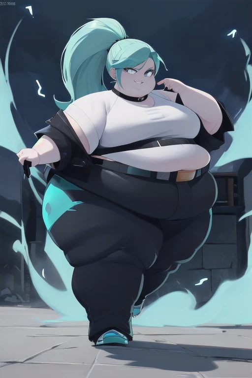 ((masterpiece,best quality)), absurdres,
Ember_McLain_Danny_Phantom(big fat body), pony tail, aqua hair,(Perfect anatomy of an obese female body),(clothes that fit your big, fat body size).
smug, goth, big belt,
blue fire and music notes in background, cinematic composition, contrapposto