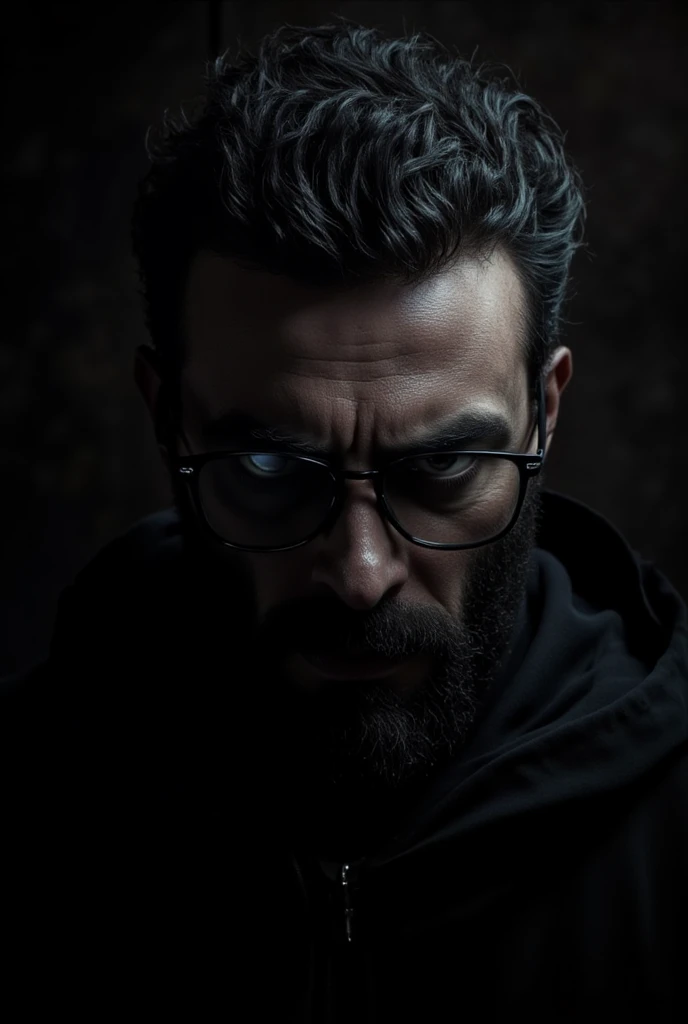 (best quality, 128k,highres,masterpiece:1.2),ultra-detailed,(realistic,photorealistic,photo-realistic:1.37), ((masterpiece)) ((photography)) ((Highest quality)) Portrait of a 40-year-old bearded man with glasses, inspired by the style of Luis Royo. His expression is intense and thoughtful, with intricate details highlighting the texture of his black beard and the reflective surfaces of his glasses. The background is moody and atmospheric, blending dark tones and soft light to create a mysterious and captivating aura, typical of Luis Royo's art.