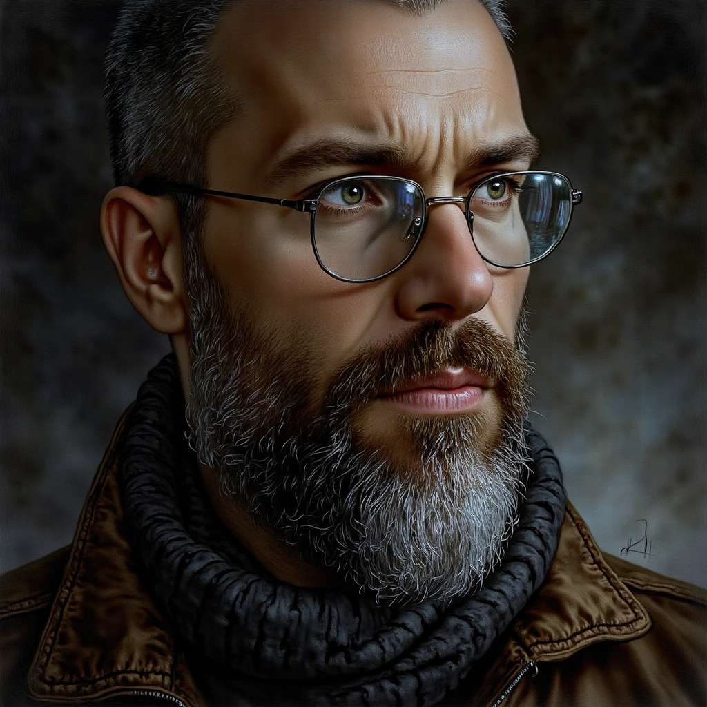 "Portrait of a 40-year-old bearded man with glasses, inspired by the style of Luis Royo. His expression is intense and thoughtful, with intricate details highlighting the texture of his beard and the reflective surfaces of his glasses. The background is moody and atmospheric, blending dark tones and soft light to create a mysterious and captivating aura, typical of Luis Royo's art."