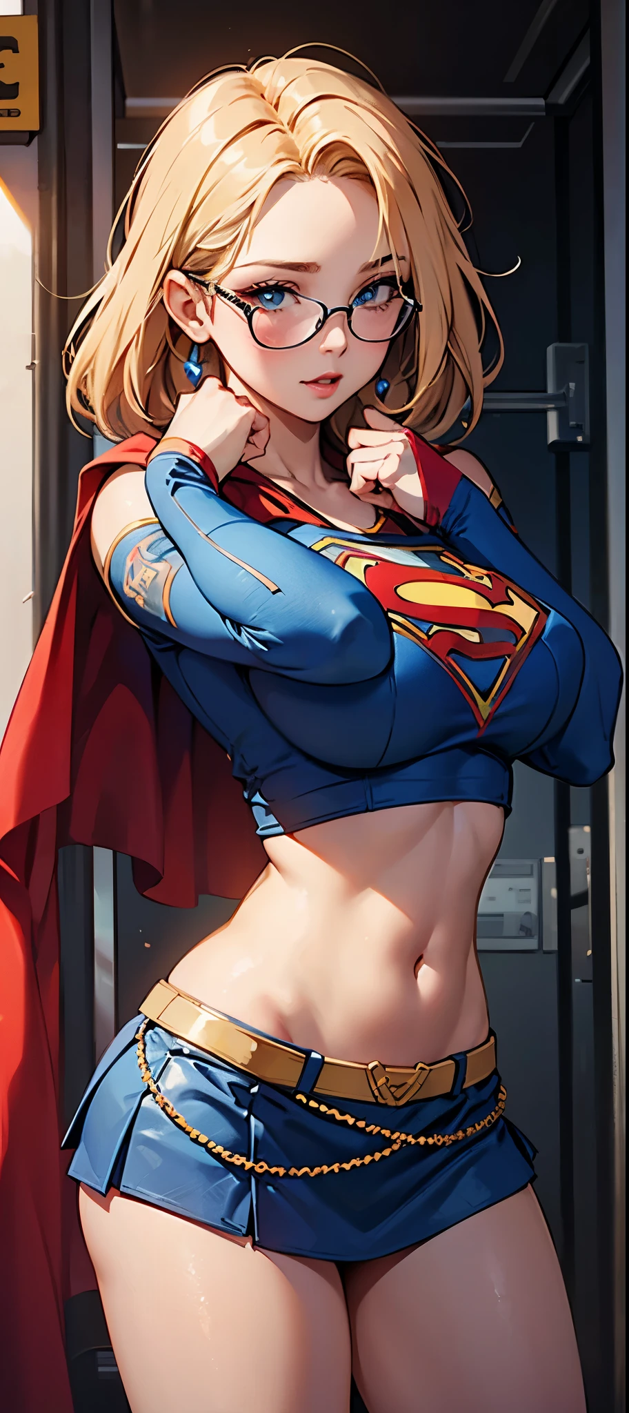 Android 18 como a supergirl( foto de corpo inteiro), ((blue swimsuit)), usando uma capa vermelha ((seios grande)), peitos grande, corpo definidos muito sedutor, pose sedutora, sorridente, fofo, muito fofo, Ultra High Definition, master part, Ultra alta qualidade, detalhamento ultra, 8k, usando traje da super girl, com s do Superman