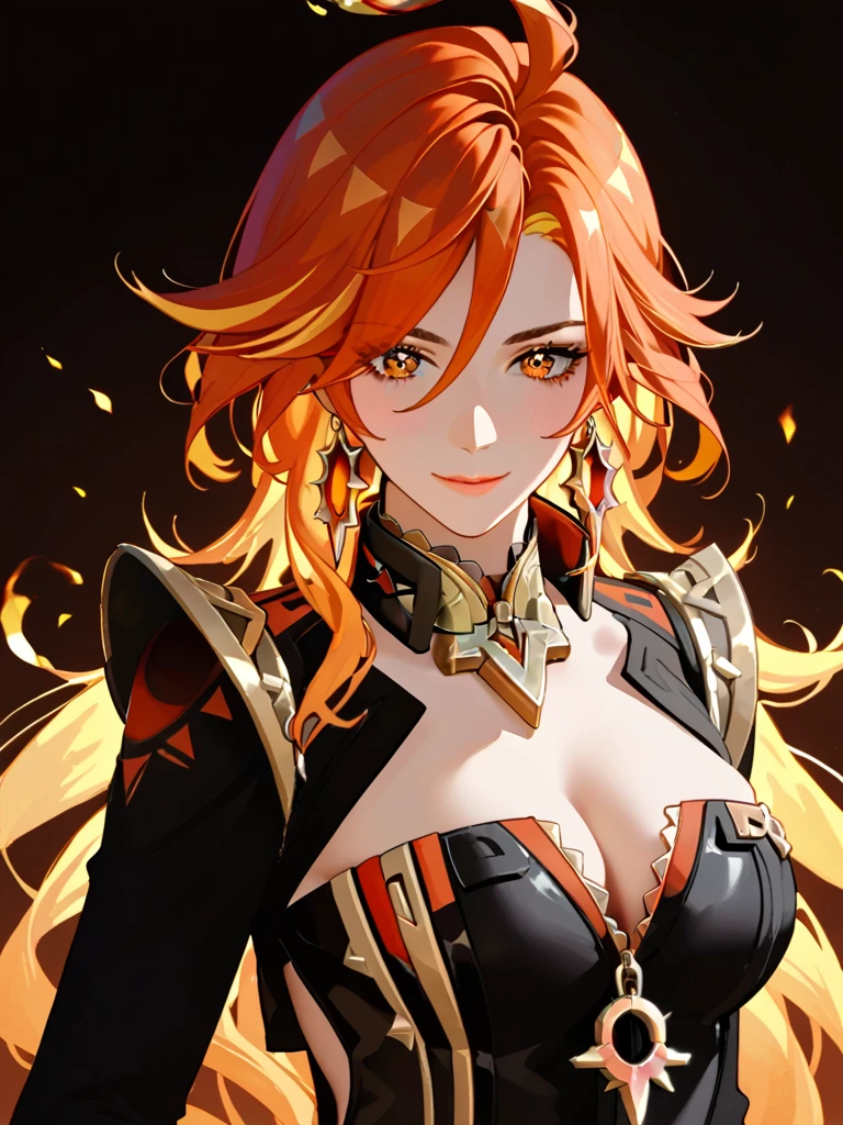 A adult girl in realistic portrait of high quality and detail, dark anime style, Mavuika (Genshin Impact), 25 years old, the sky is ablaze with bright flames in the background, depth of field, magic, big red lips, ((red and yellow eyes)), black and red full clothes, covered chest, mystical atmosphere, ominous shadows, Intense blue aura, Intense red aura (best quality:1.2), absurdres, intricate details, (highly detailed skin:1.2), smile expression, posing, taut and well defined body, attractive. Highly realistic, tanned skin, beautiful, hyperrealism, skin very elaborated, direct gaze, Aztec style, rectangular sunglasses, glow, eye shadow, 1girl, Depth & Perspective, smiling on her face, fine face, She is standing in the middle of the battle arena, outdoors, Aztec pyramid on the background, looking at viewer, (ultra-high detail:1.2), Masterpiece, Best Quality, Ultra-detailed, Cinematic lighting, 8K, delicate features, cinematic, 35 mm lens, f/1.9, highlight lighting, global lighting –uplight –v 4, cinematic, Cinematic lighting, 8K, high quality, Highest Quality, (Solo Focus), (extremly intricate:1.3), (Realistic), masterful, Analog style, (Film grain:1.5), (warm hue, cold tone), 