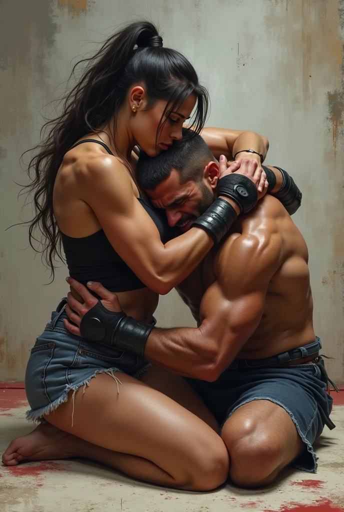 The sexy women in bra and boots are lying in pain because of the tough man