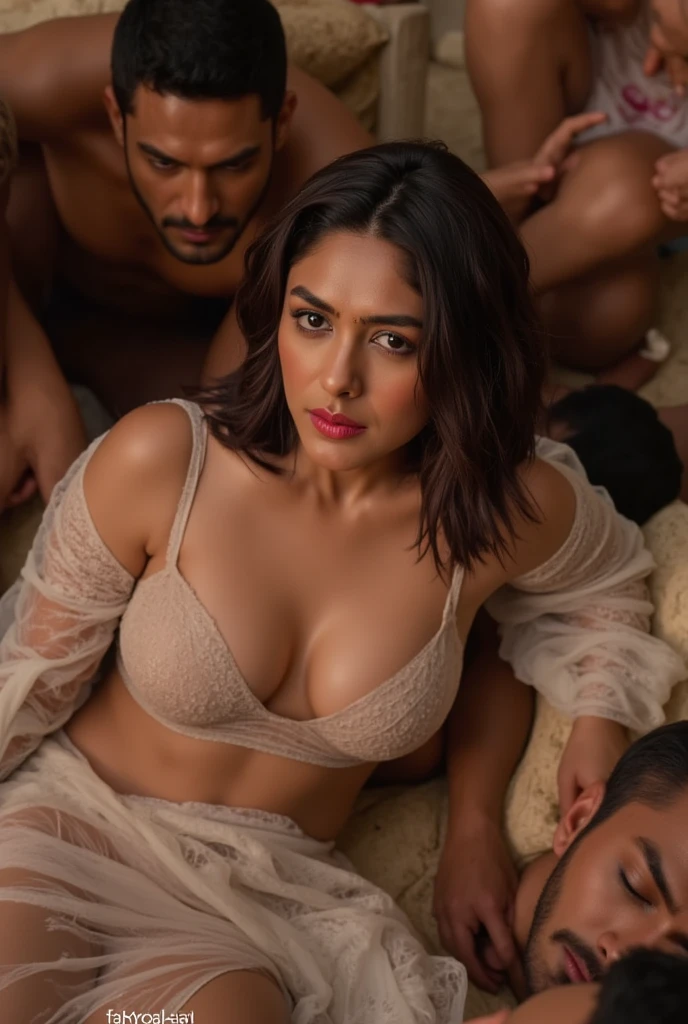 Beautiful Indian married woman, ((surrounded by men)), massive tits, deep v neck blouse white and petticoat, wet clothes, no bra or panty, seating in living room,high quality, masterpiece