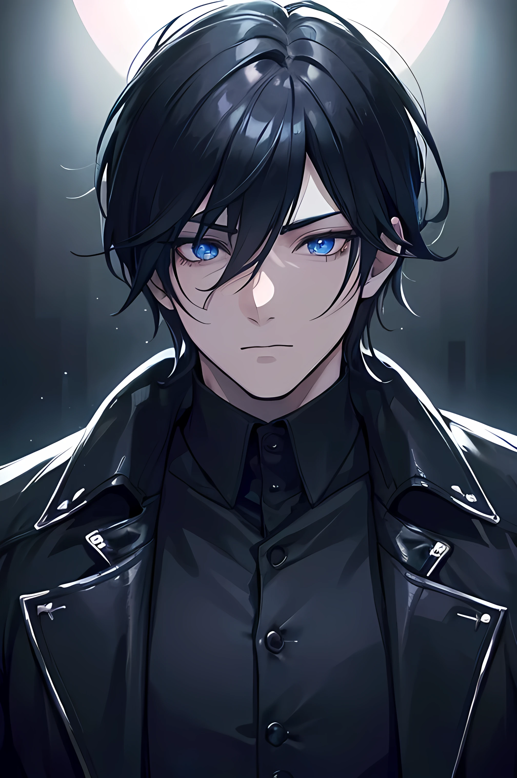 a boy with medium and messy black hair, wearing a black overcoat , wearing oni blue mask , Slightly amber blue eyes , ( Better quality,4K,8k, highres icon, masterpiece :1.2), Ultra-detailed,(realistic,photorealistic,photo-realistic:1.37),super intricate details, highly detailed face , extremely detailed eyes and face ,long eyelashes, cinematic lighting , dramatic lighting , dark lighting ,dark atmosphere,intense colors