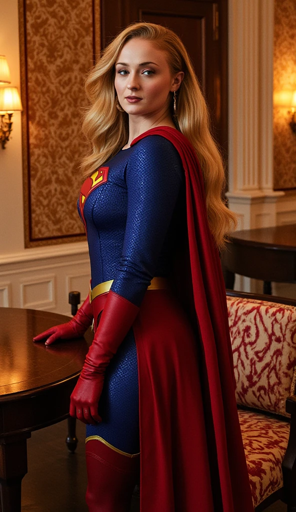 Sophie Turner dressed as Supergirl,  in a luxurious hotel room, smiling