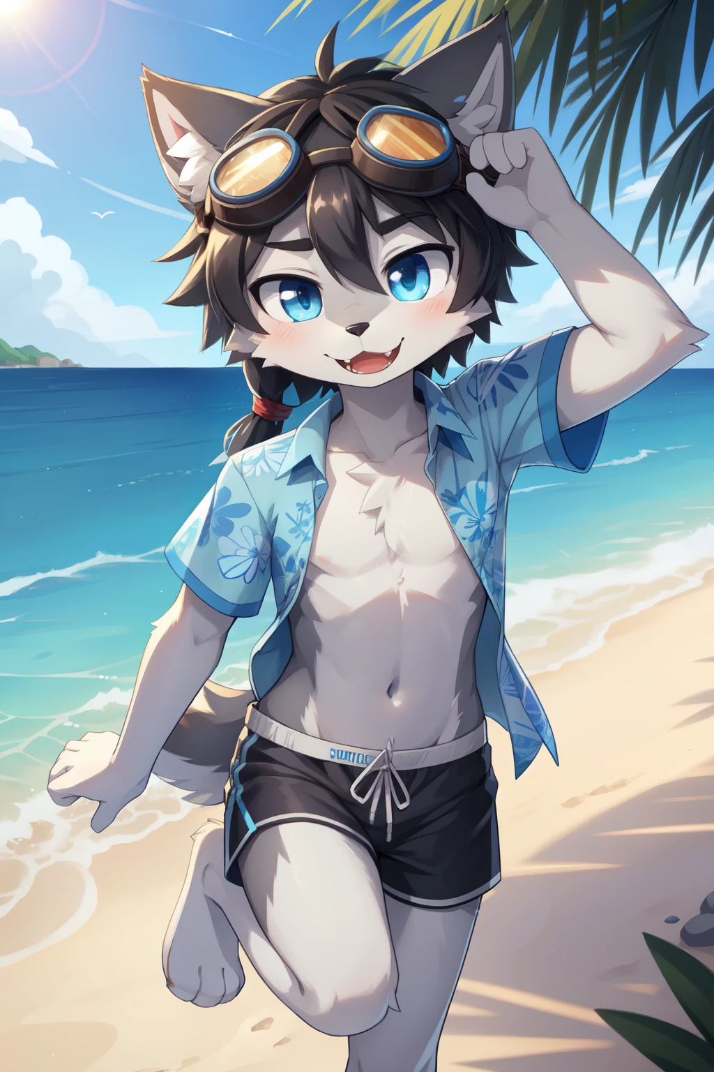 Furry shota, wolf, black hair, long spiky ponytail, blue eyes, detailed body fur, ((goggles, blue hawaiian shirt, open clothes, canine penis)), looking at you, fangs, clear grey body fur, detailed face, big eyebrows, detailed eyes, detailed body, detailed body fur, detailed hands, flat body, glistering body, shiny body, skinny, glow throughout the scene, gorgeous body, animal penis, solo, :3, beach, clear sky, undressing, striptease, unclothing, uperbody, among the crowd,