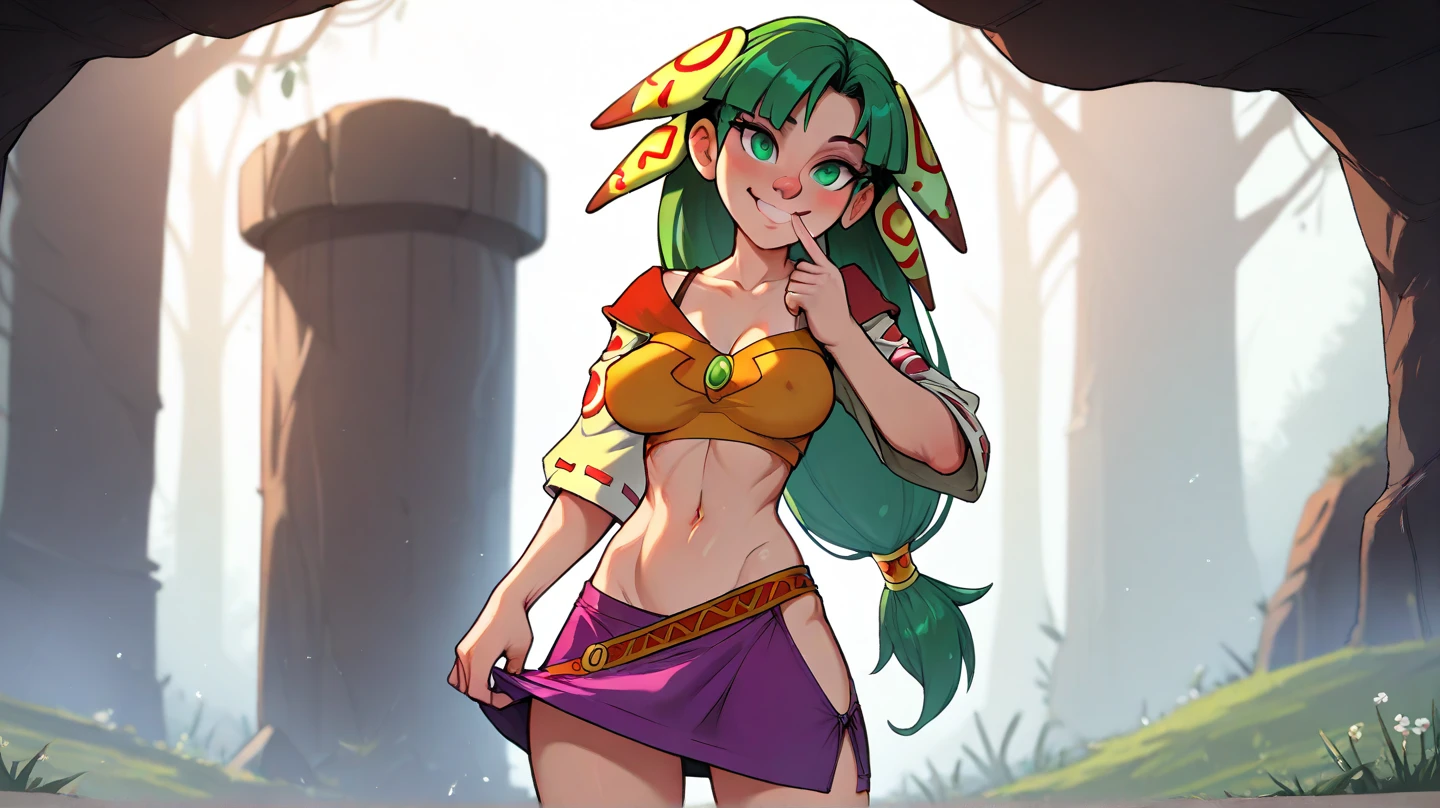 score_9, score_8, 1girl, teen, skinny, feena from grandia, long hair, emerald eyes, cute nose, smile, unreal engine, big tits, masterpiece, high quality, horny, hot waifu, dick under the skirt, monster dick, futanari, blowjob by herself