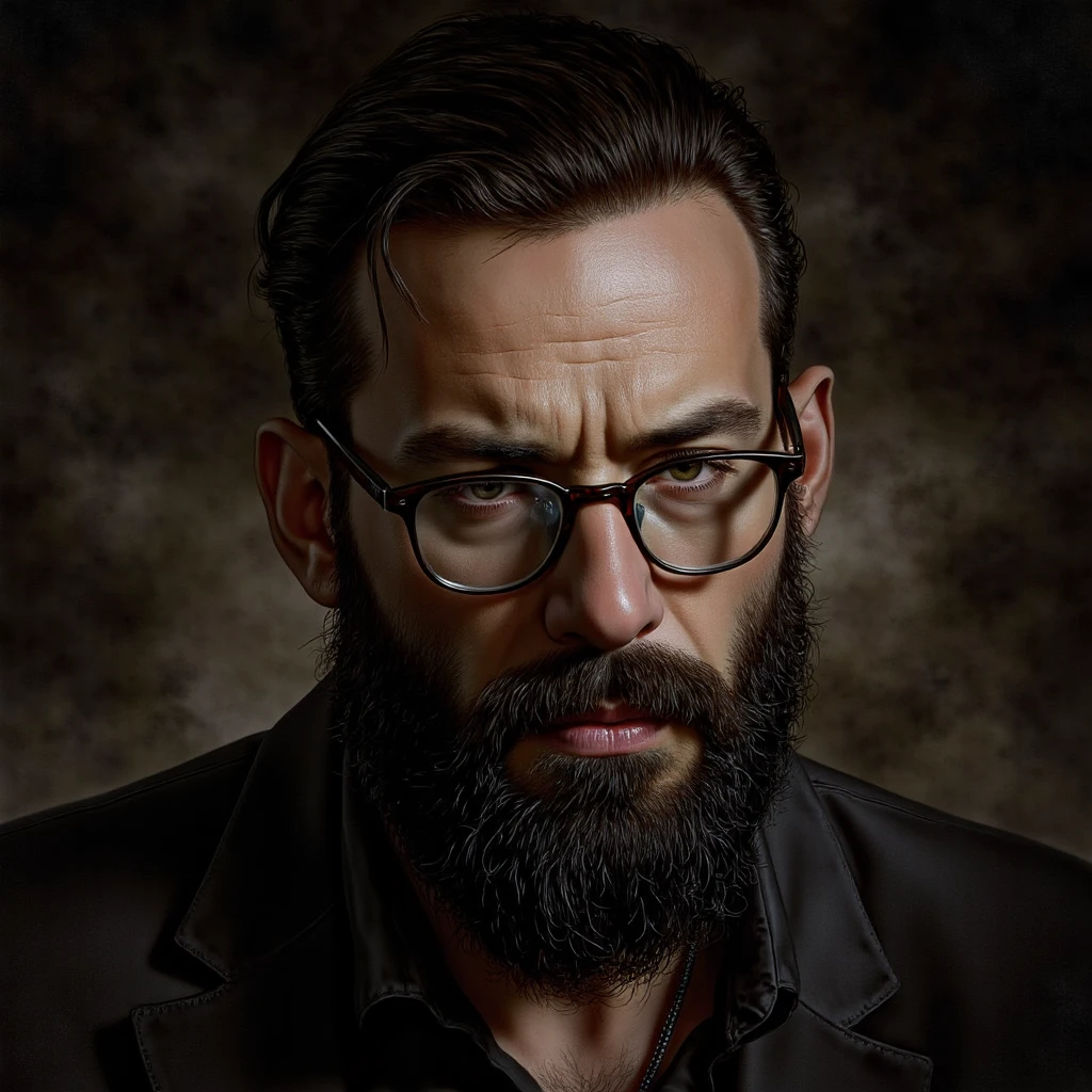 "Portrait of a 40-year-old bearded man with glasses, inspired by the style of Luis Royo. His expression is intense and thoughtful, with intricate details highlighting the texture of his black beard and the reflective surfaces of his glasses. The background is moody and atmospheric, blending dark tones and soft light to create a mysterious and captivating aura, typical of Luis Royo's art."