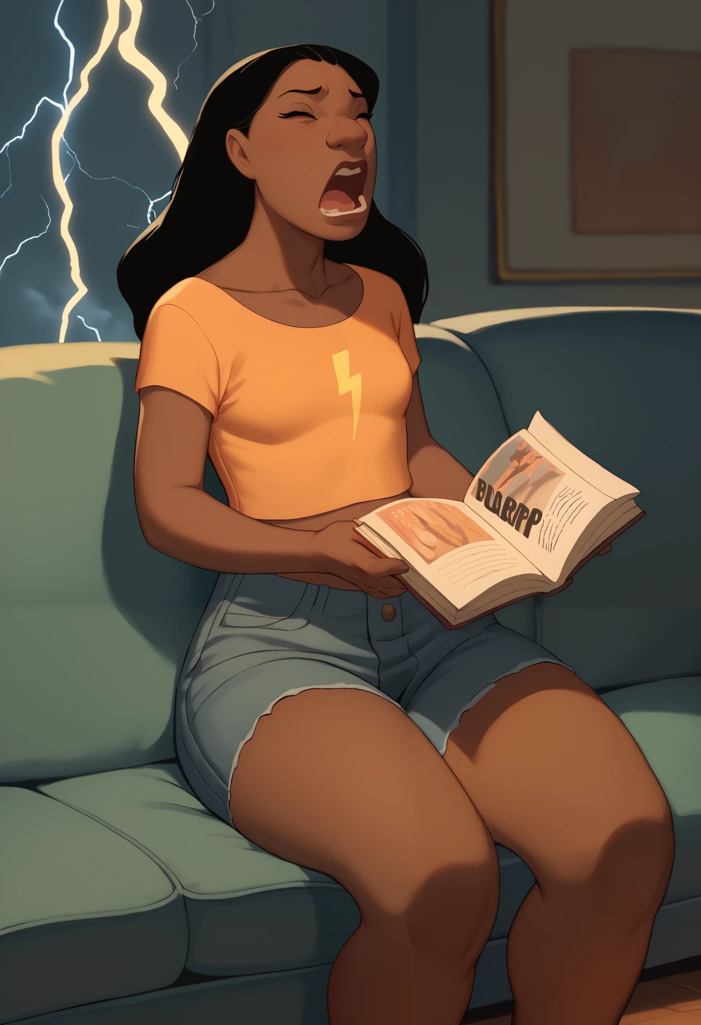 NaniPelekaiLSXL, solo1, mature female, dark skin, black hair, long hair, bangs, ((small breasts)), collarbone, denim shorts, orange tshirt, crop top, short sleves, sitting, couch, reading a magazine, book, green couch, ((lightning to her head)), yellow lightning, looking up, opened mouth, closed eyes, ((((pain expression)))), shouting
