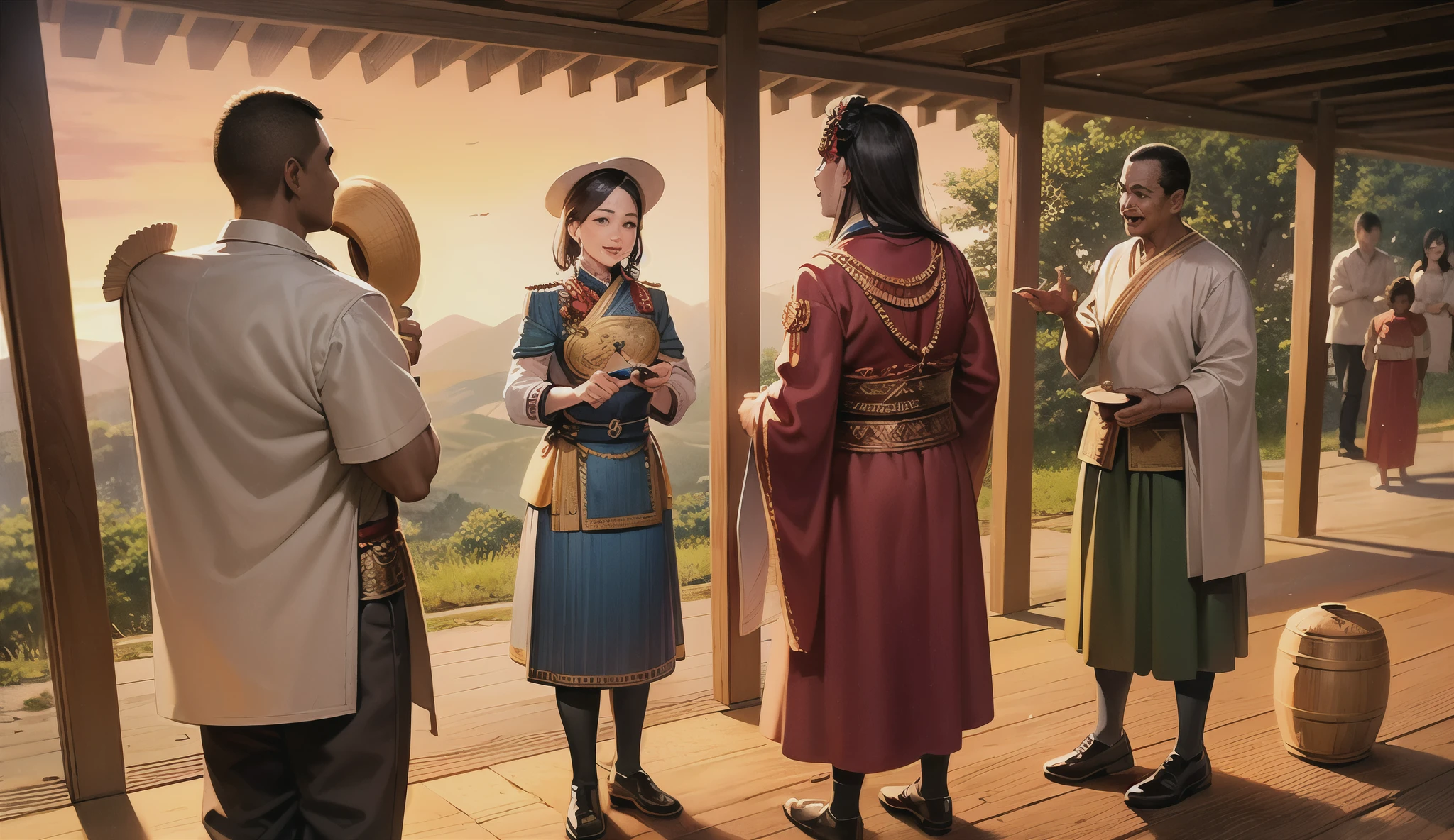 Visual Prompt for Scene 1:
“Depict the stunning landscape video of pre-colonial Rwanda with rolling green hills under a golden sunrise. The scene includes a peaceful village with traditional Rwandan huts, people in colorful attire walking and laughing. Drummers play large African drums, filling the air with rhythm and joy. In the distance, a royal figure in ceremonial attire is seen presiding over a gathering of advisors, symbolizing unity and leadership. The overall atmosphere should feel harmonious and vibrant, emphasizing the rich cultural traditions and the deep connection between the people and the land.