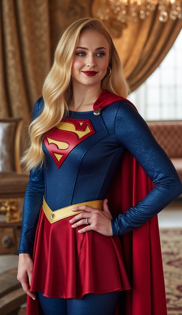 Sophie Turner dressed as Supergirl,  in a luxurious hotel room, smiling in front of the camera 