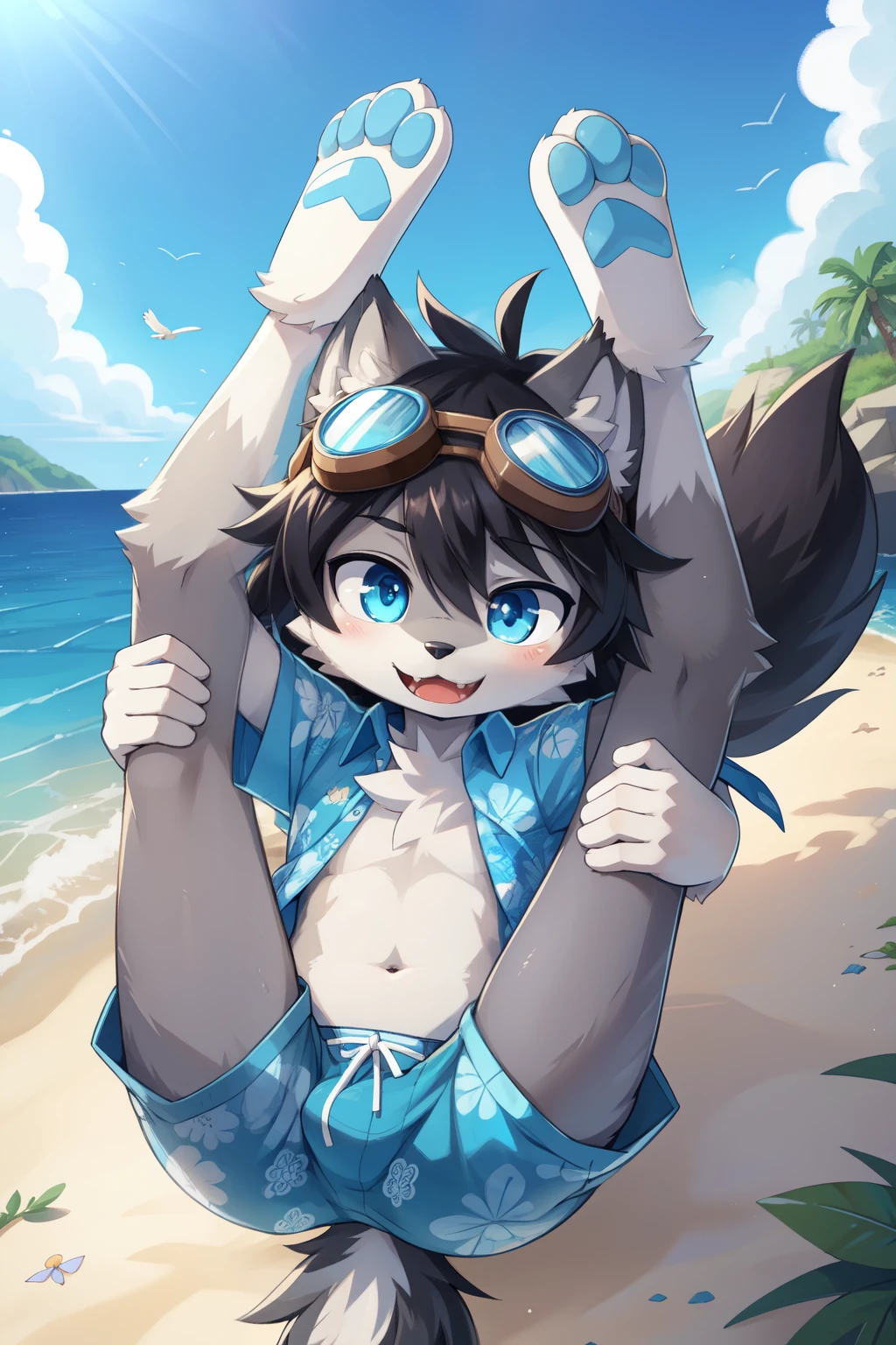 score_9,score_8_up,score_7_up, source_cartoon, source_furry, Furry shota, wolf, black hair, messy hair, long messy ponytail, blue eyes, detailed body fur, ((goggles, blue aloha shirt, open clothes, short sleeves, black swim trunks)), looking at you, fangs, two tone body fur, grey body fur, clear grey body fur, detailed face, big eyebrows, detailed eyes, detailed body, detailed body fur, detailed hands, glistering body, shiny body, skinny, :3, glowing blue eyes, white pupils, motion blur, thick outline, anthropomorphic, countershading, countershade_fur, looking at you, half-closed eyes, navel, full body, feets with three toes, happy, jumping, BREAK looking at viewer, expressive face, scenery, intricately detailed illustration, masterpiece, best quality, amazing quality, very aesthetic, beach, clear sky, high angle view, bird eye view, legs up,