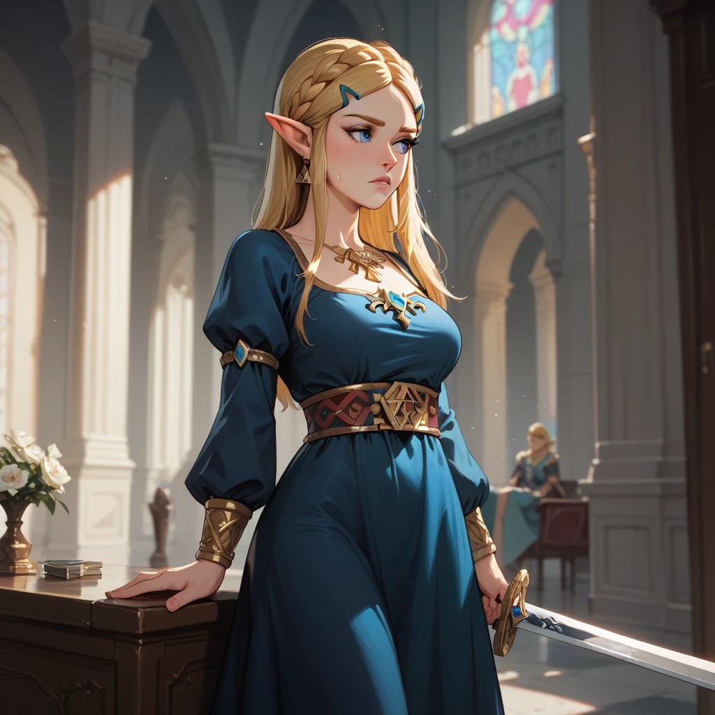 Zelda, blonde hair, blue eyes, masterpiece, high quality, sword, looks away, cold, dark dress