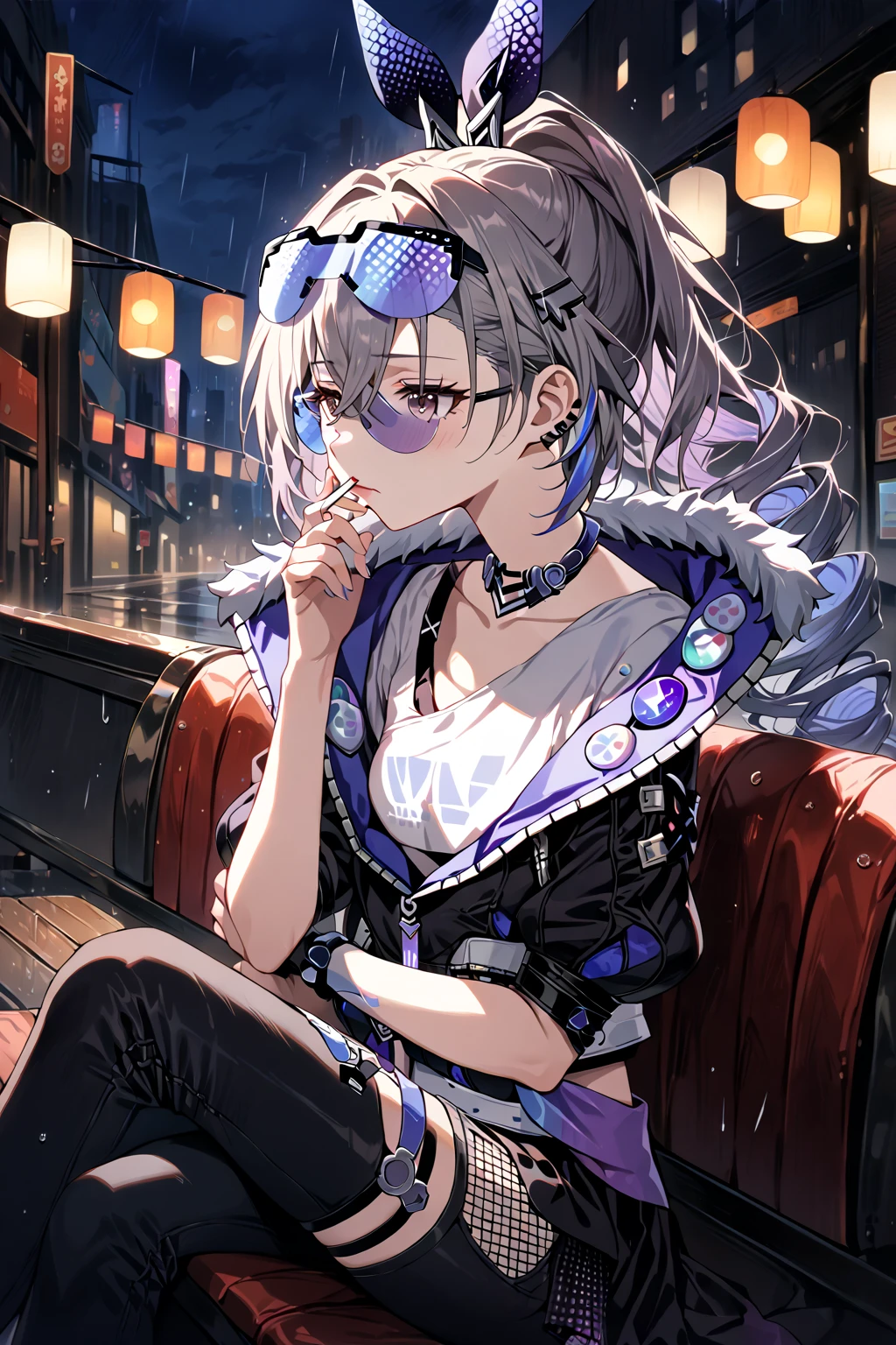 1girl, ultra-high quality, best quality, 8K, UHD, very aesthetic, photorealism, volumetric lighting,silver wolf from honkai star rail,tattoo on the neck and arm,wear black modern T-Short and black modern jeans,sunglasses,Sitting on a bench,smokes a cigarette,cigarette smoke, sad face, depress, night ,rain, (best quality), ultra high res, professional artwork, ultra detailed, intricate, detailed face,