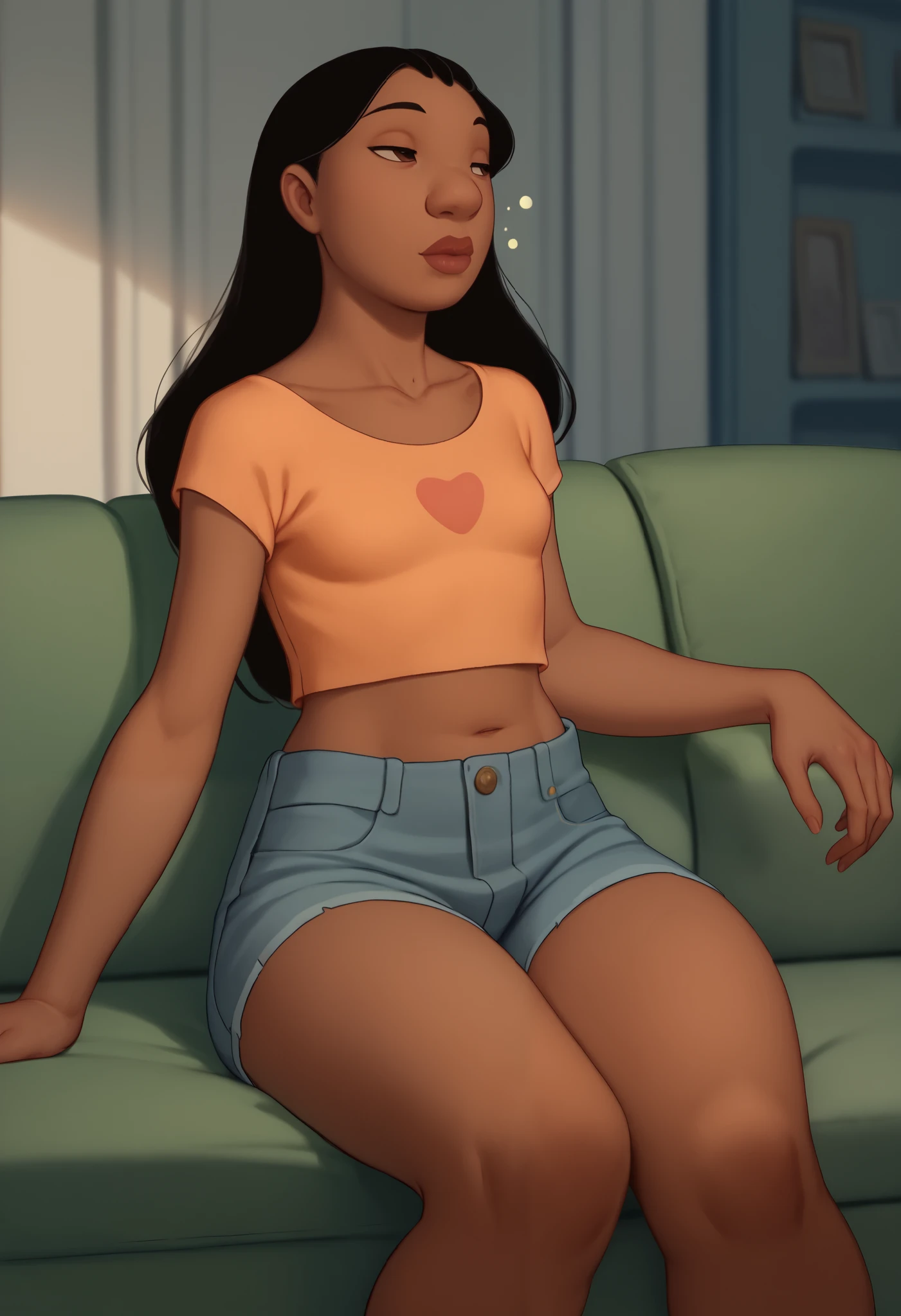 NaniPelekaiLSXL, solo1, mature female, dark skin, half closed eyes, black hair, long hair, bangs, ((small breasts)), collarbone, denim shorts, orange tshirt, crop top, short sleves, sitting, couch, green couch, ((waking up)), brown eyes, amrs down