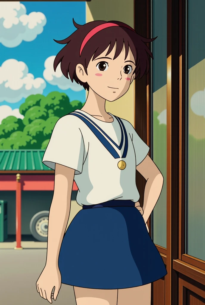 Young girl, messy short hair, tomboy, cute, teen, slight smile, posing, pretty, 1950s japanese style outfit, short skirt