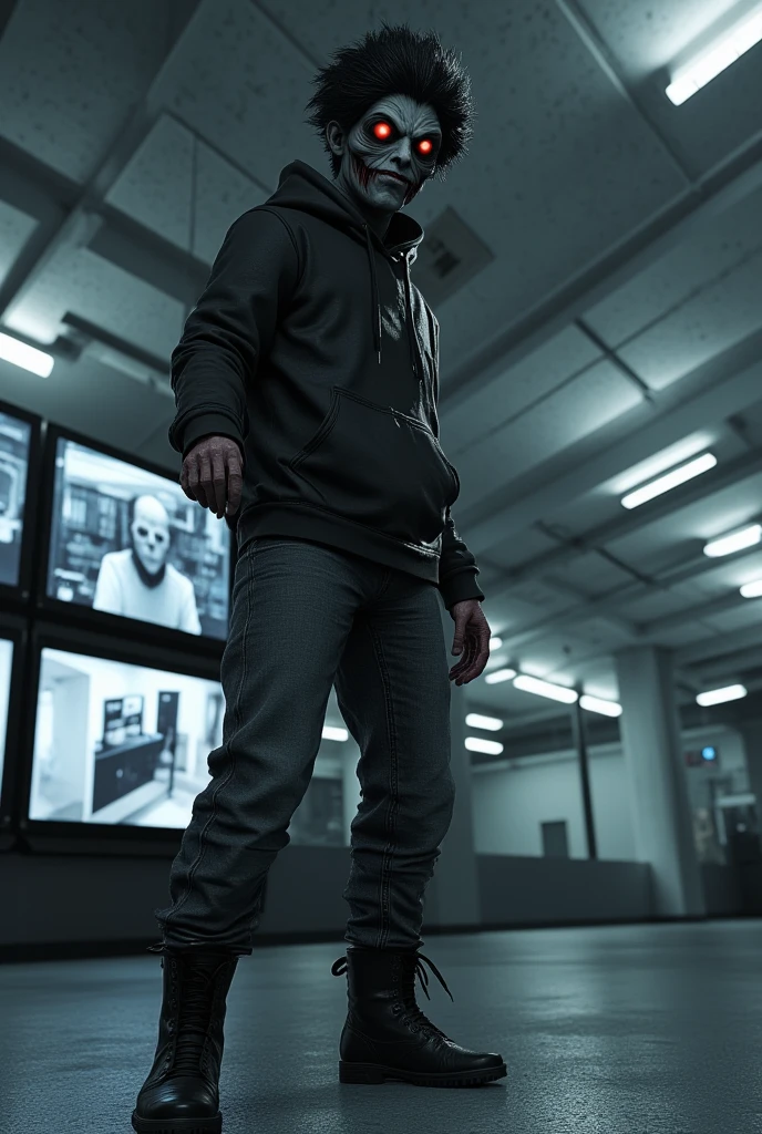 Evil male black spike hair Red eyes wearing black hoodie black combat boots black jeans pale white skin Glasgow smile knife in hand background caught on CCTV camera's view on monitors. Amazing detail realistic 3D real character style extremely detailed