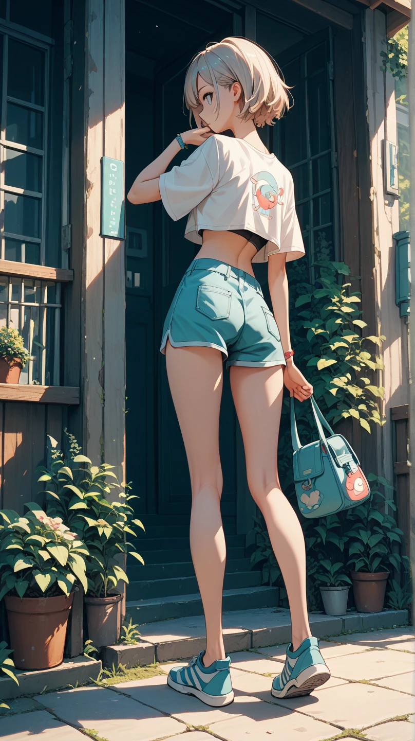 Cute ****, uncensored, pale, full body visible, shorts, shot from back, crop top