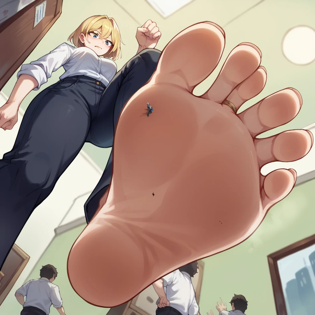 1 girl, oshi no ko, ruby hoshino, stepping,(pov from below:1.3), stepped on, pov, low angle, no shoes, feet, looking down, toes, one foot out of frame, leg lift, foot focus, barefoot, standing on one leg,  depth of field, outdoors,( foreshortening:1.2), facial blur, blurry face, building, city, sky, cloud, giantess, mega size, masterpiece, best quality, absurdres, ultra detailed, smirking, glaring, blonde, 6 pointed star pupil on right eye, five toes, detailed star pupil