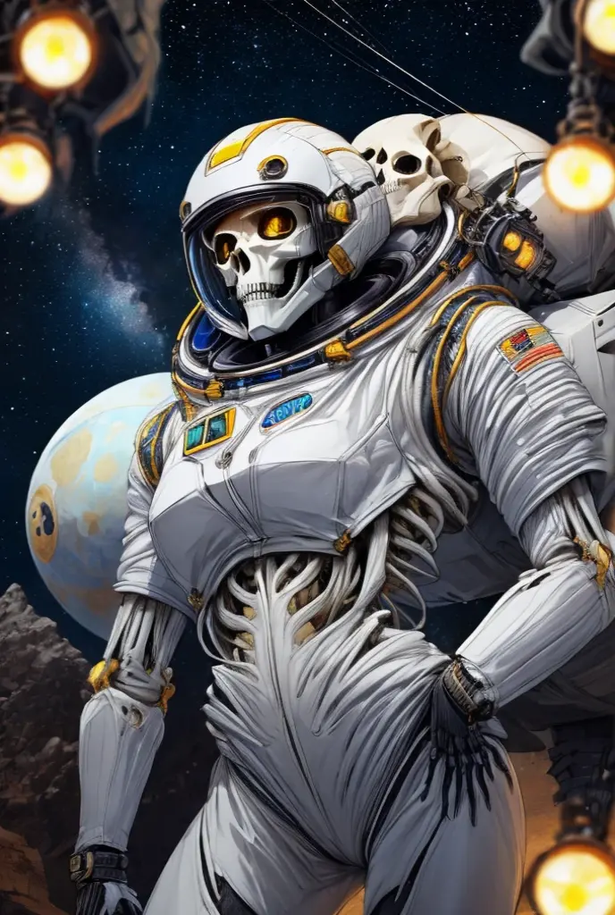 absurdres, intricate details, masterpiece, best quality, high resolution, 8k, (skeleton in astronaut spacesuit:1.2), (skull:1.3), (broken helmet:1.4), (colored light bulbs:1.3), spacesuit, lunar surface, craters, black sky, stars, soft light, front light, rim light