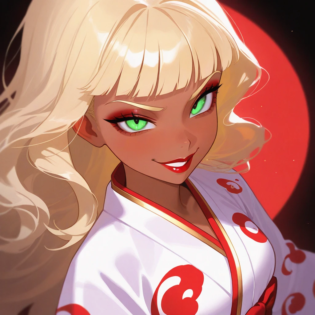 OC, female, semi realism, dark tanned skin, red lips, blonde eyebrows, perfect face, long wavy light Ashe blonde hair with bang, half-closed Green eyes, evil smile, red glamorous, sweet aesthetic, sexy kimono, mystic luminescent, sexy, with no ears