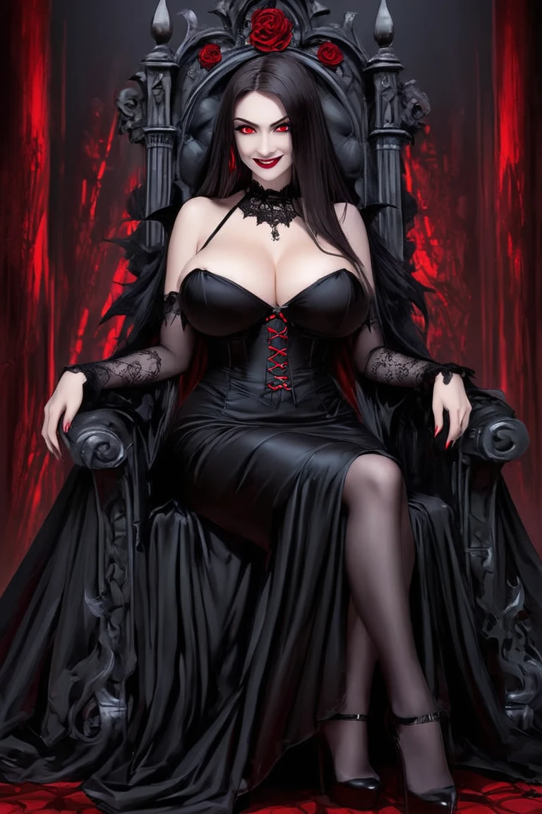 Vampire Queen, Female, solo, pale skin, sitting on throne, long hair, breasts, elegant, black dress, black hair, red eyes, lips, ((masterpiece, best quality))