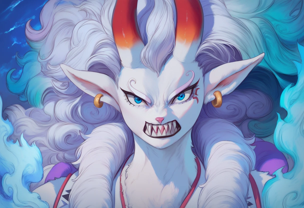 score_9, score_8_up, score_7_up, 1girl, solo,  Expressiveh, (HBYamato, female wolf, youkai female, oni horns, blue eyes, white body, white fur, white hair, blue hair, two tone hair, wavy hair, earrings, looking at viewer, sharp teeth, angry, side view, blue flames, flame manipulation), (csr style), shimenawa, white kimono, wasteland, night, detailed background, 4k, masterpiece, best quality, highly detailed, realistic, smile, crazy smile teeth,