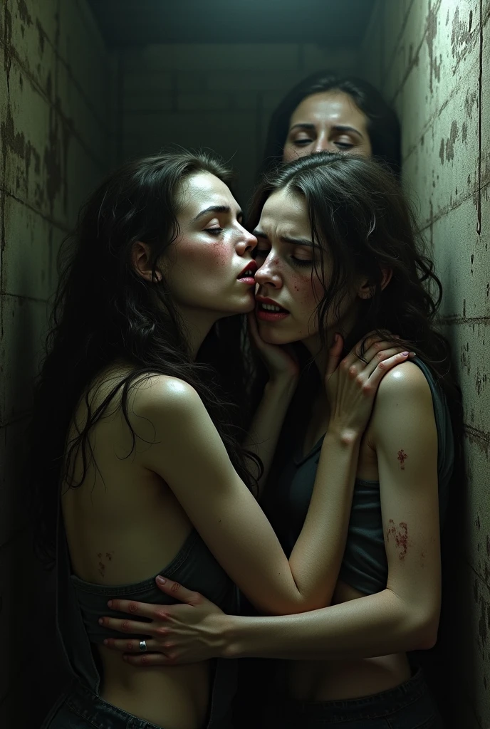 two very thin young teen looks anorexic gaz sadly into the camera lens. The scene show the entire body of the teenager. Moani the girl's body is similar to that of a pubescent. gagged.with cifix around his neck. she is squatting with spread legs.