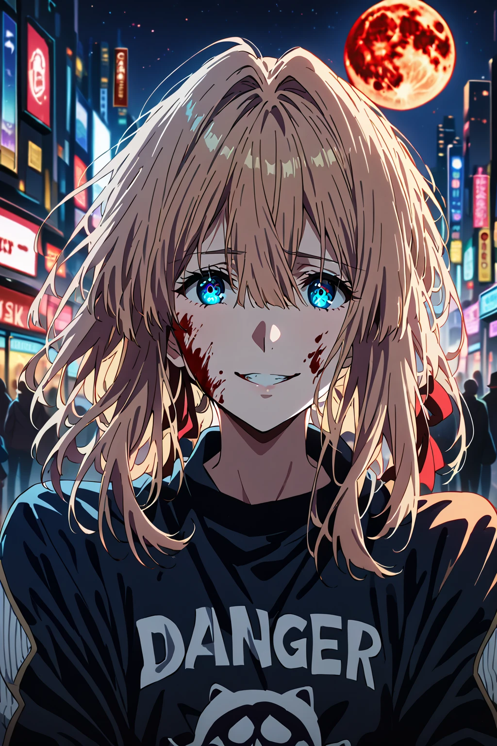 1girl, ultra-high quality, best quality, 8K, UHD, very aesthetic, photorealism, volumetric lighting,violet evergarden,sHe wears modern clothes, danger ,solo,crazy evil smile,villain,blood on face ,wearing street wear, night city,red moon background,sad,highly detailed eyes, highly detailed face, highly detailed background,look at viewer,