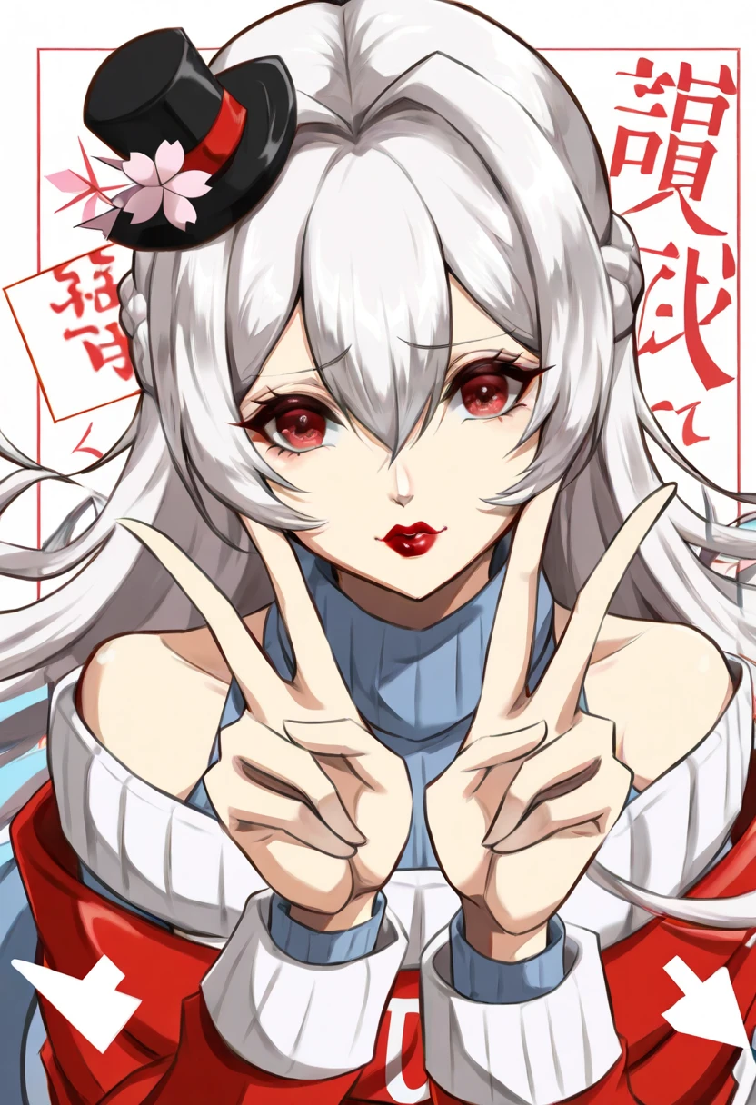 Masterpiece, best quality,masterpiece,best quality,official art,1girl,cold face,best quality,long (white hair),(mini top hat),detailed red eyes,hair between eyes,braid,french braid,off-shoulder dress,simple background,double v,(Sakura Red lips:1.4),winter sweater,alternate costume,cursor \(medium\),BREAK White (square:1.4) (borders:0.8), (expressive lettering, lettering art, expressive styles, unique design:1.4), (calligraphy, creative typography:1.1),rokinon 50mm,panorama,cheek poking,﻿motion lines,railroad tracks,