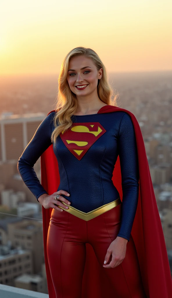 Sophie Turner dressed as Supergirl, smiling,  big boobs, standing in a sexy pose , on a roof of a building overlooking the city