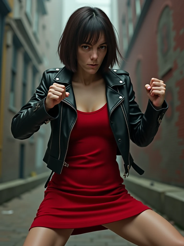 Night, streetlights, Dim colors, Full-body shot of a busty brunette mature woman sitting on the dirty ground in a trash-filled alley. The alley is cluttered with paper, bottles, empty bags, cigarette butts, and antique medical syringe. Nearby, there is a piece of foil, a lighter, and a pack of cigarettes. She wears a black mini skirt, a short crop top, torn fishnet stockings, and high-heeled boots. visible injection marks on her arms reflect the depressing, dangerous atmosphere. A thick black rubber cord is tightly tied around one forearm as she injects insulin into her arm antique medical syringe. Her facial expression is indifferent and sad. The dim lighting adds to the gloomy, unsafe environment. Realistic style, high detail on the woman and her surroundings. Detailed hand, Check anatomy, check legs, check hands, check face, highly detailed face.