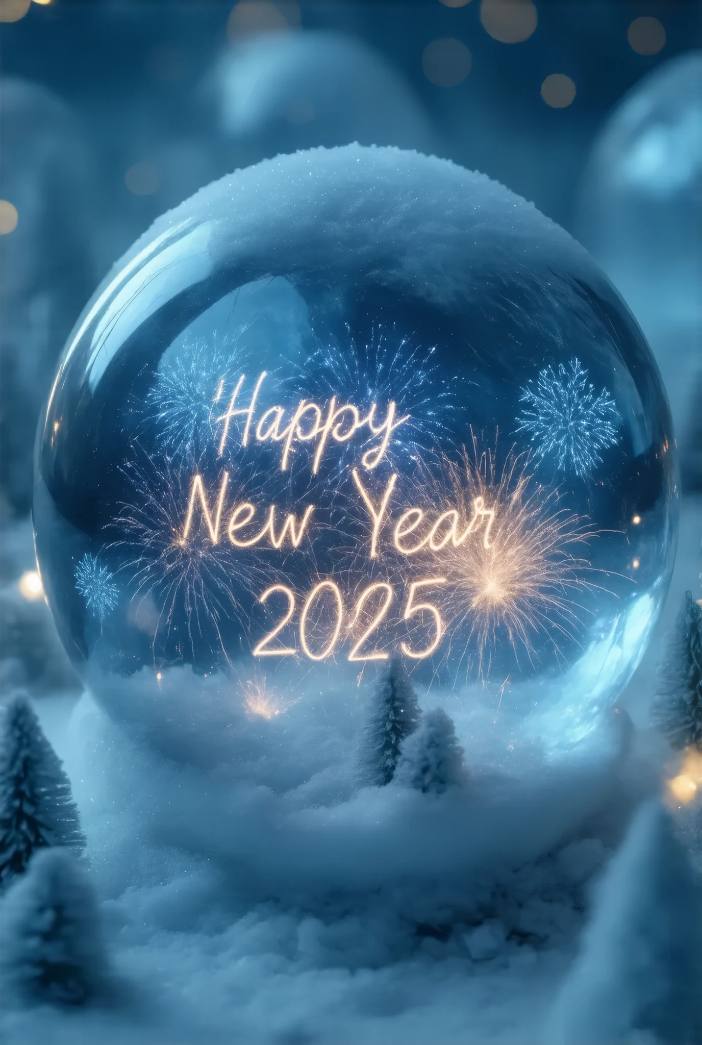 The "Happy New Year 2025" formed by fireworks is packed in Snowflake globes,Simple design,Detailed architecture ,Atmospheric lighting ,Fantasy Art,  High Resolution  ,Complex structures ,Blue tint, Glass texture 