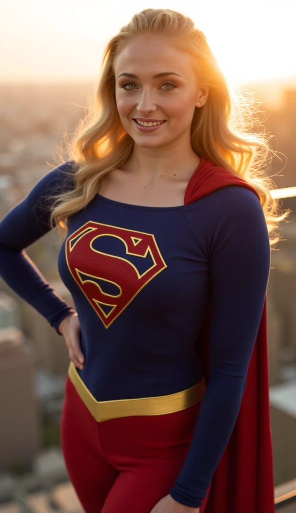 Sophie Turner dressed as Supergirl, smiling,  big boobs, standing in a sexy pose , on a roof of a building overlooking the city