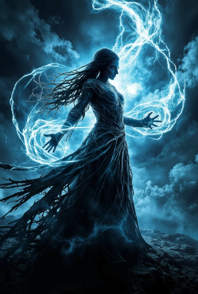 (best quality, 128k,highres,masterpiece:1.2),ultra-detailed,(realistic,photorealistic,photo-realistic:1.37), ((masterpiece)) ((photography)) ((Highest quality)) Photography of a powerful lightning mage, her eyes glowing with electric energy. She wears a flowing, storm-inspired robe with intricate patterns resembling thunderclouds. Her hands crackle with arcs of lightning, and her hair floats as if charged with static. The background features a dark, stormy sky illuminated by flashes of lightning, emphasizing her control over the elements. The scene captures her fierce and commanding presence, blending mystery and raw power.