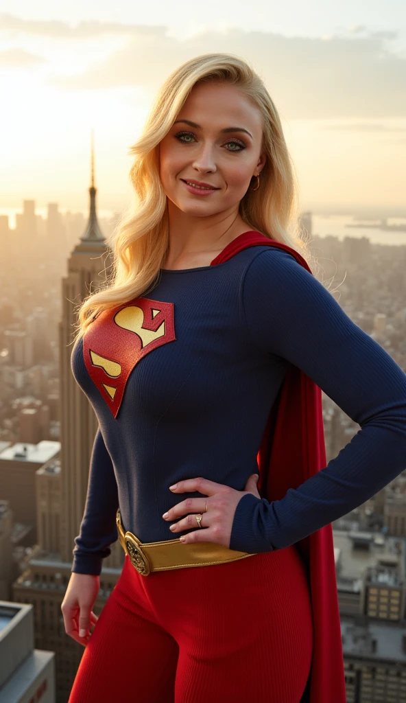 Sophie Turner dressed as Supergirl, smiling,  big boobs, standing in a sexy pose , on a roof of a building overlooking the city