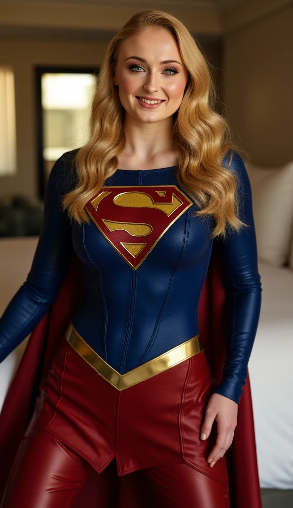 Sophie Turner dressed as Supergirl, smiling,  big boobs, standing in a sexy pose ,  in a hotel room