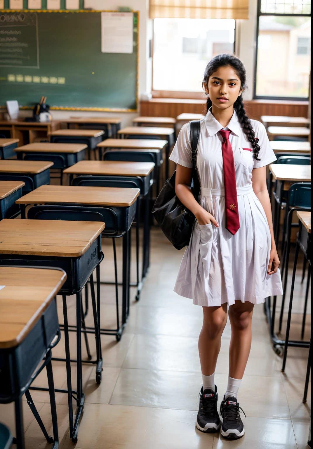 a school girl in srilanka, putting hands in pockets, in a classroom, wearing a white frock with pockets, sport shoes and socks, long red tie, full body, detailed face, beautiful eyes, delicate facial features, cinematic lighting, photorealistic, 8k, highly detailed, masterpiece
