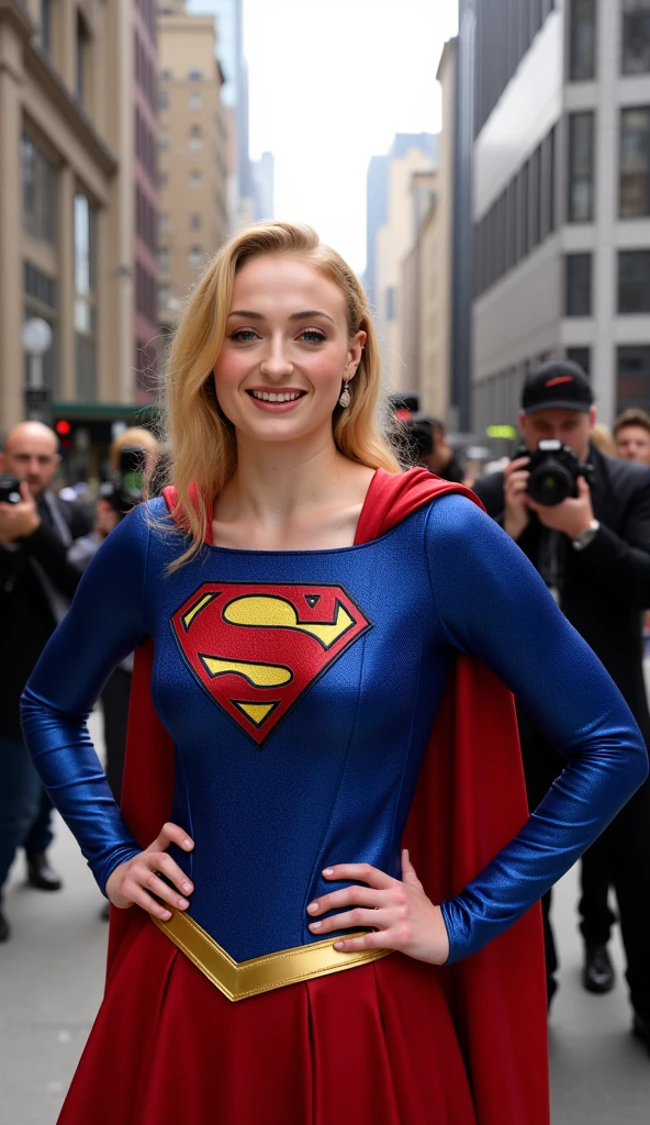 Sophie Turner dressed as Supergirl, smiling,  big boobs, ON A STREET OF A CITY,  with several photographers taking pictures of it